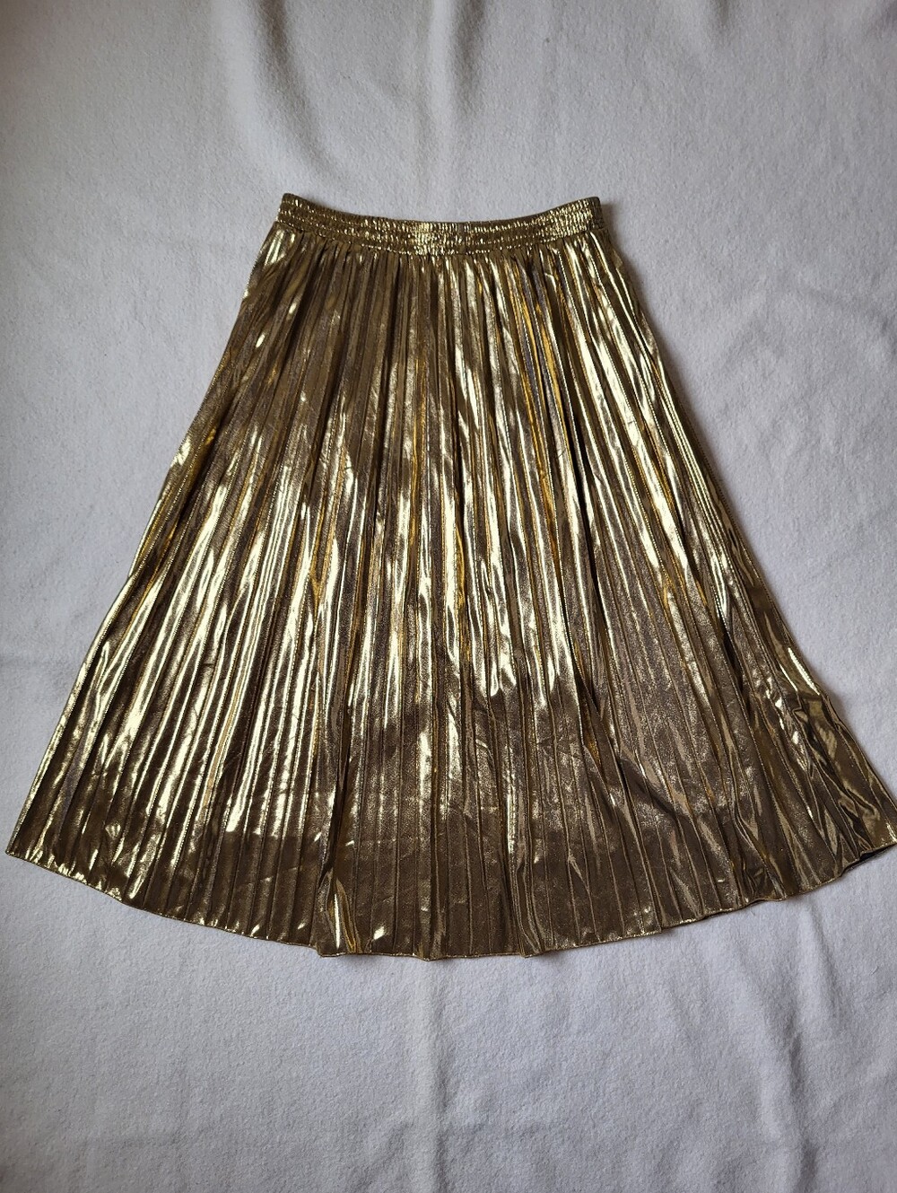Gold Metallic Pleated Skirt Women's Size Medium Long Midi Elastic Waist Disco